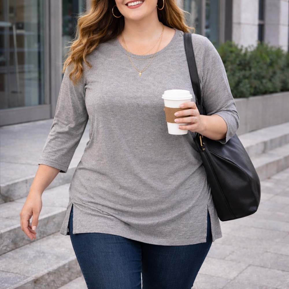 Andrea Jovine Gray Stretch Tunic Top XL – 3/4 Sleeve Soft Jersey Knit Side Slits - Picture 3 of 12